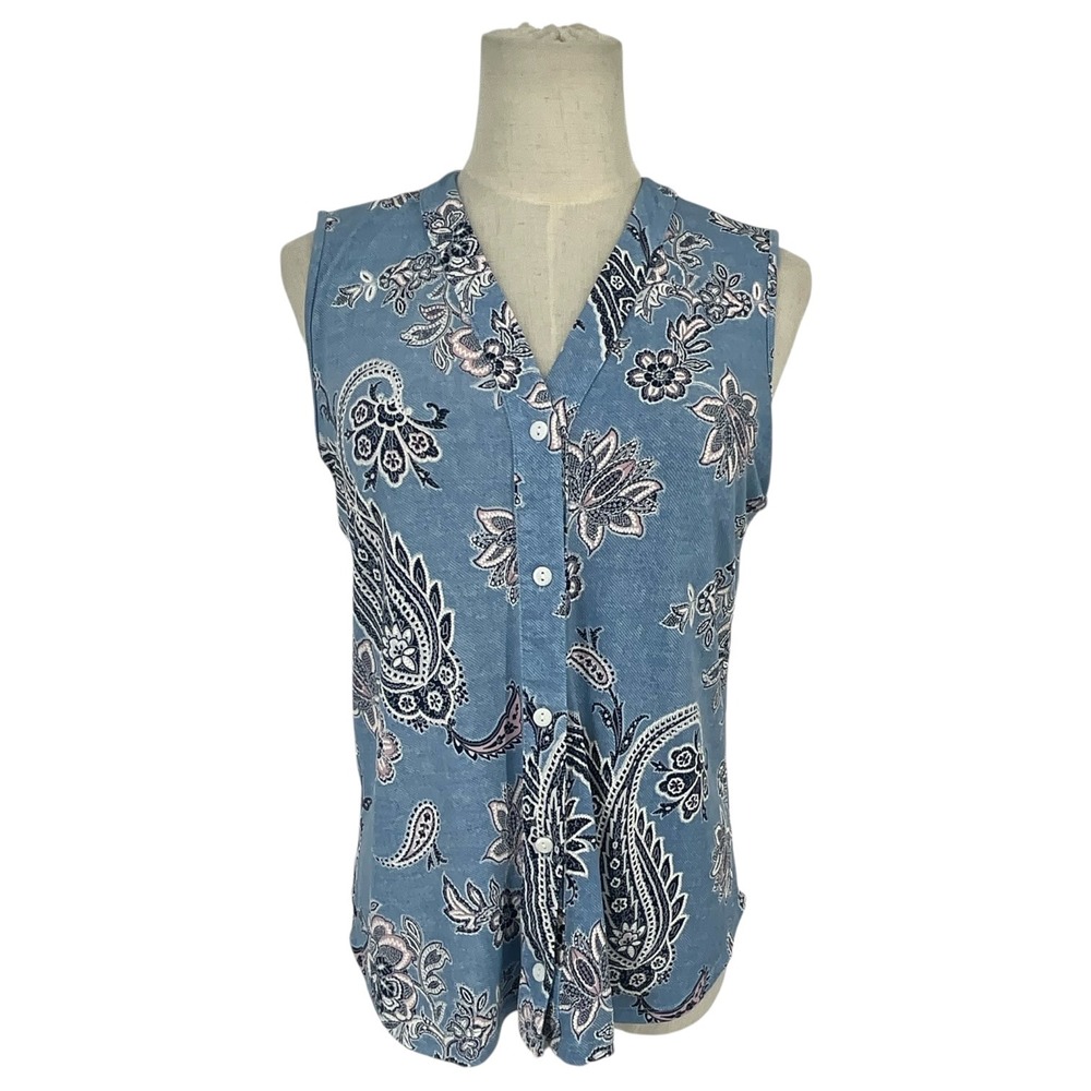 Amana Womens Blue Paisley Floral Sleeveless Button‎ Front Blouse Top Sm Textured